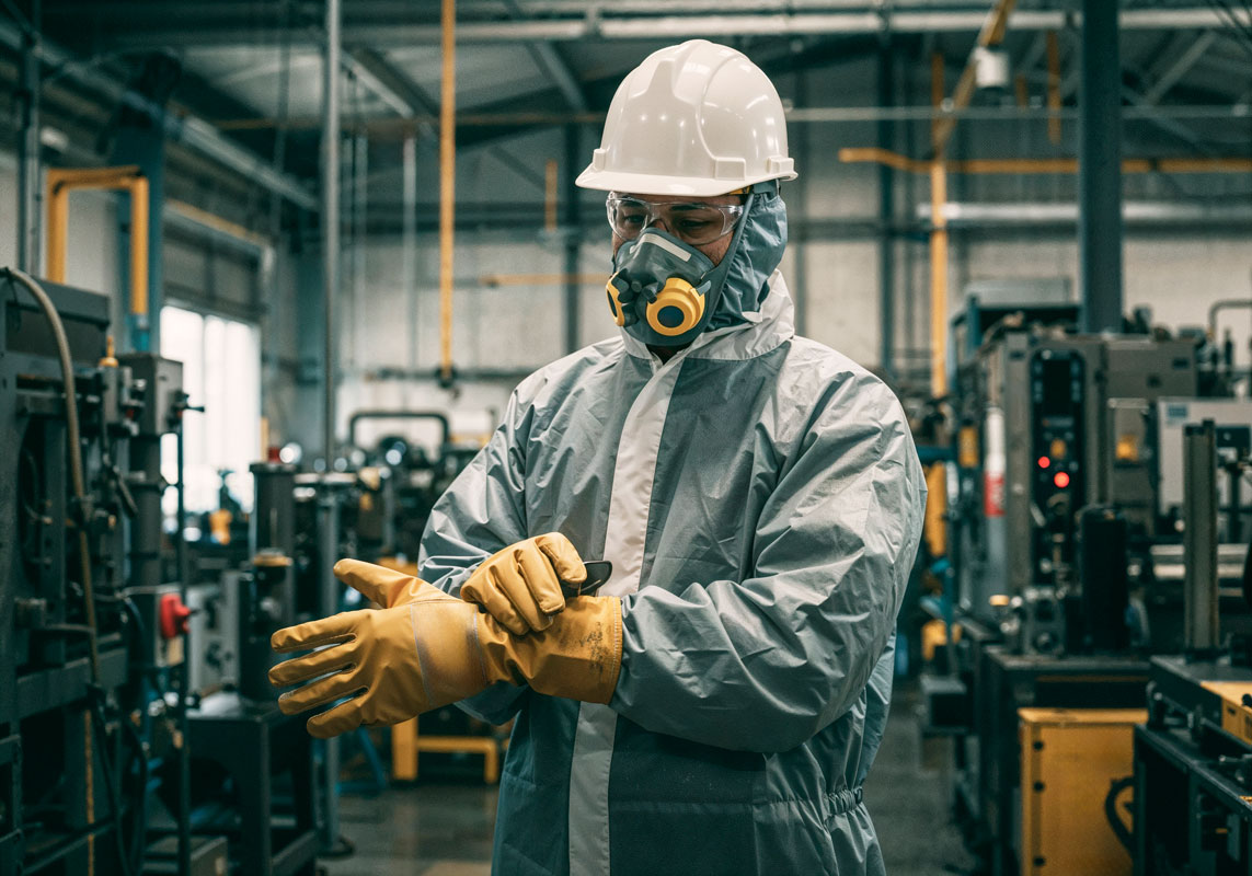 Profissional com capacete, respirador e luvas em ambiente industrial